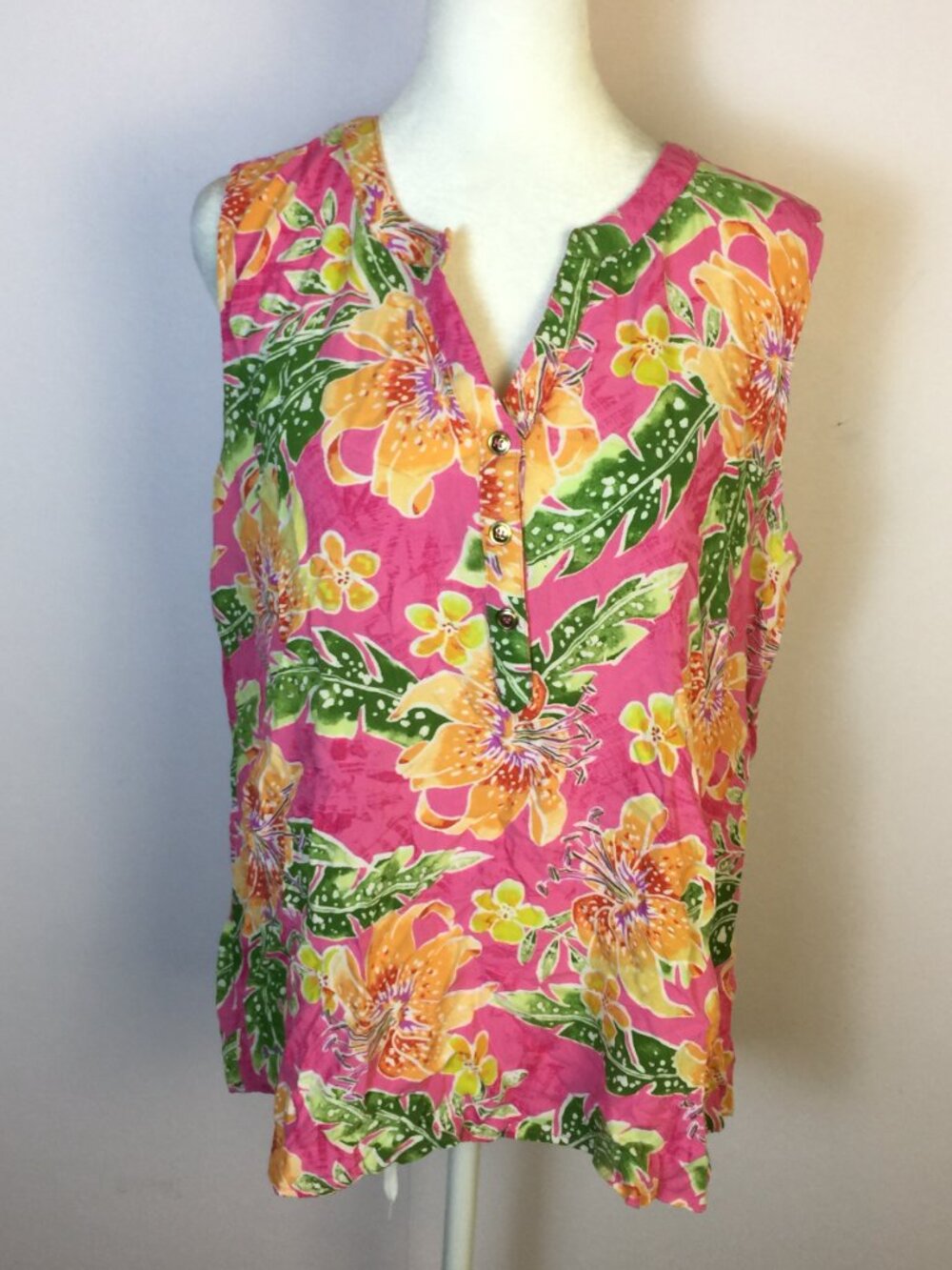 Caribbean Joe Shirt Blouse Size L Womans Pink Floral Sleeveless Hawaiian Beach